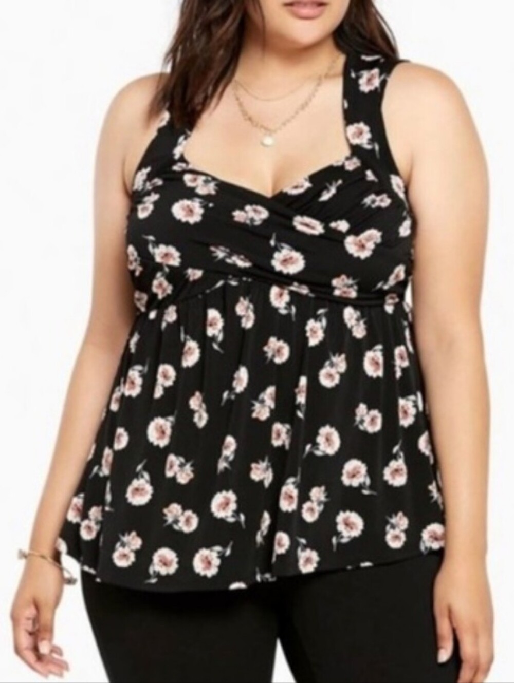 Torrid Black and Pink Floral Print Crisscross Babydoll Top Tank, 3X
